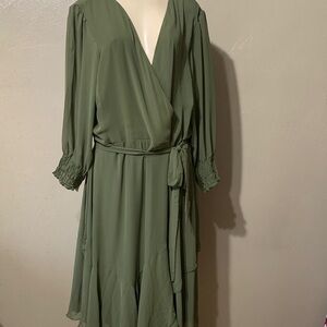 NY Collection size 3X Olive Long Sleeve Ruffled Dress, Belt NWT